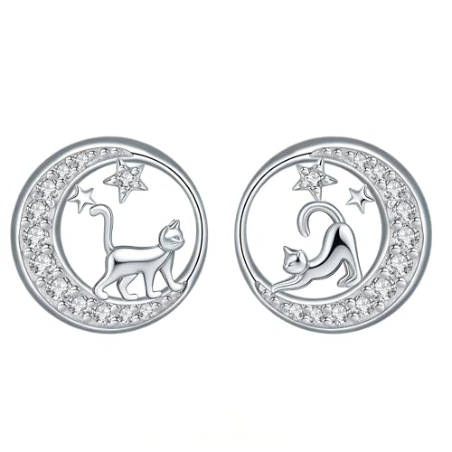 BerriBling Boucles d'oreilles Chat Femme Argent Sterling 925 - Boucles d'oreilles Lune pour Fille Femmes Amie Sœurs Original Bijoux Cadeaux