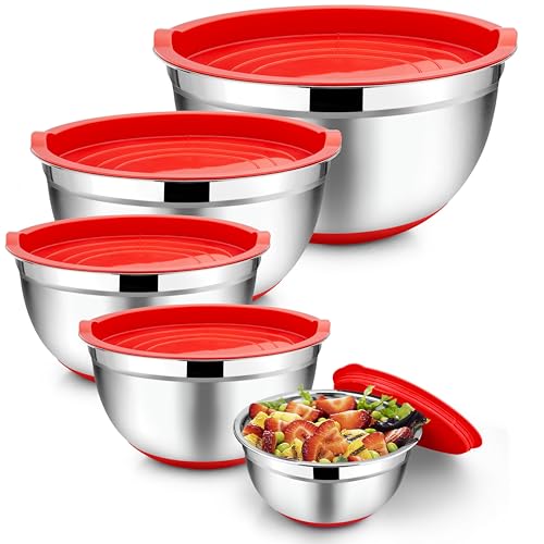 TeamFar Mixing Bowls with Lids Set, 7/3.5/2.5/1.5/1 QT, Stainless Steel Large Red Nesting Metal Salad Mixing Bowl Set of 5, Healthy & Easy Clean, Airtight Lid & Non-slip Bottom