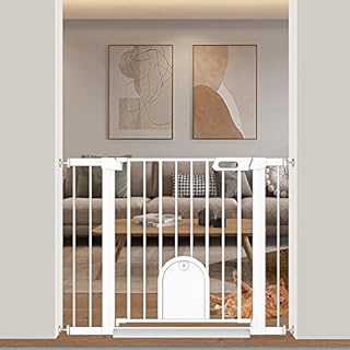 Baby Gate with Cat Door, 29.5-40.5 Inch Extra Wide Pet Gates Cat Door, Walk Through Dog Gates Indoor for Cat Puppy, Safety Child Gate Pressure Mounted No Drill, Pet Barrier for Stairs Doorway, White