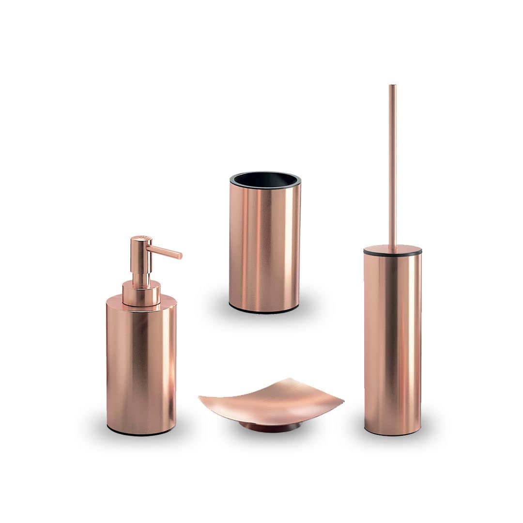 Gedy Elettra Set Accessori Bagno da Appoggio 4 Pezzi Composto da Dosasapone 200ml, Scopino WC con Setole Nere in Nylon, Portaspazzolini e Portsasapone, Materiale Acciaio Inox Colore Rame