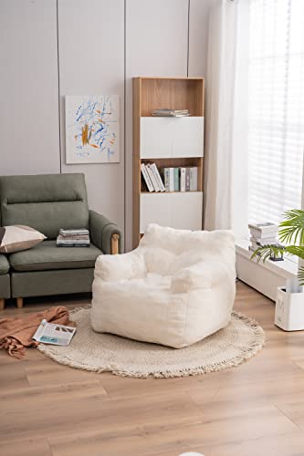 Soft Tufted Bean Bag Chairs For Adults, Medium Teddy Fabric Bean Bags With Arms, Ivory #TOP2