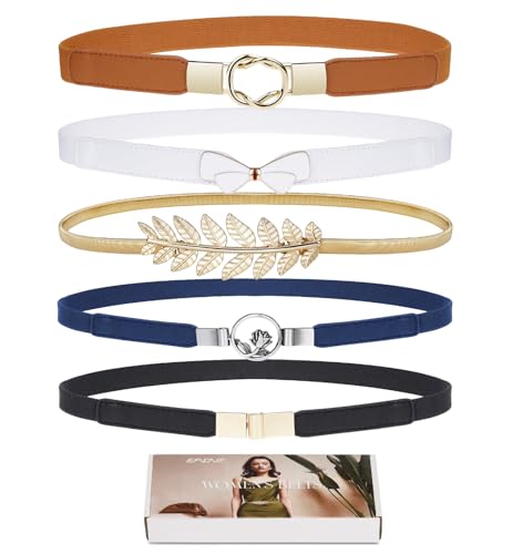 EAONE Skinny Waist Belts for Women 5 Pack, Fashion Stretchy Retro Elastic Leather Belts for Dresses