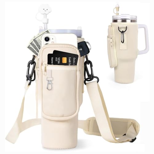 Bolsa para Stanley Cup 40oz,Funda de Botella de Agua de Moda con Correa y Bolsillo,Stanley Cup Accesorios, para Stanley 40 oz para Senderismo, Correr, Ciclismo(Beige)