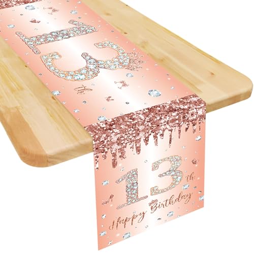 13th Birthday Table Runner for Girls Her Rose Gold Happy 13th Birthday Table Runner 13 Years Old Celebration Party Decorations Non-Slip Dining Table Linen Cover Cloth Decor, 72 Inches Long