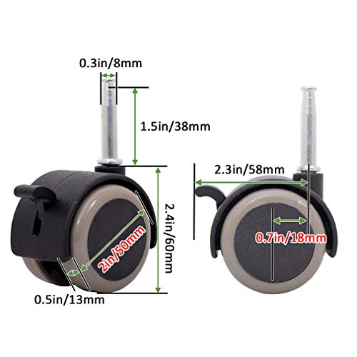 Set Of 4 Child Crib Caster Rubber Swivel Cot Castors With Brakes,2" Furniture Wheel,Baby Crib Wheel Accessories,Capacity 265Lb,Double Wheel,Silent,With Metal Plunger Stem M8X38Mm,With Sleeve #TOP2