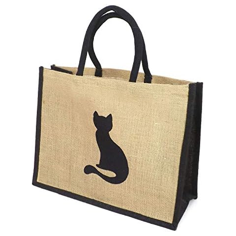 Jute Large Black Trim Shopping Bag - Printed Cat Motif…- 32cm high x 42cm Wide x 18cm Depth… Cover