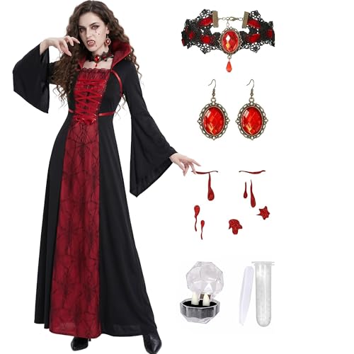 Vampire Costume for Women with teeth Accessories Gothic Vampire Dress Halloween Witch Costume Adult