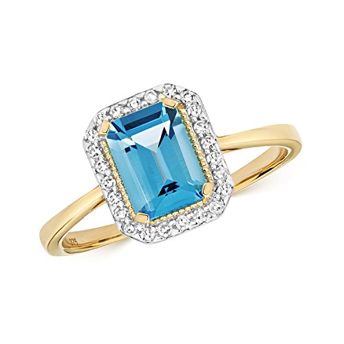 Bague Femme Or Jaune 9k Diamant et Topaze Bleue d'Exception