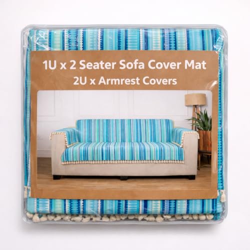 Image of Gifts Island 2 Seater Cotton Sofa Cover Mat | Anti Slip Armchair Cover Throw | All Over Furniture Protector with Elastic Straps | Washable Couch Cover for Living Room (Blue, 2 Seater)