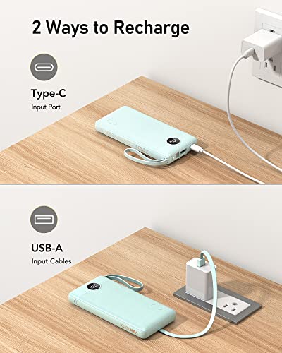 VEEKTOMX Power Bank 10000mAh Powerbank con Cavi Integrati Caricatore Portatile USB C Batteria Esterna con 5 Uscite e 2 Ingressi Compatibile con iPhone Samsung Huawei Xiaomi iPad Switch (Blu)
