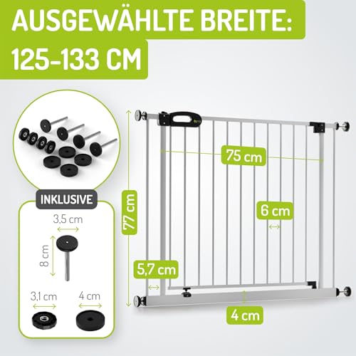 BOMI TÜV GS Siegel Hunde Türschutzgitter Merle | Zum Klemmen | Schließt automatisch | Hundetürschutzgitter und Baby Absperrgitter Weiss | Schutzgitter Tür zum Klemmen | Breite: 125-133 cm