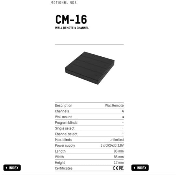 MotionBlinds CM-16-BK detailed specifications table