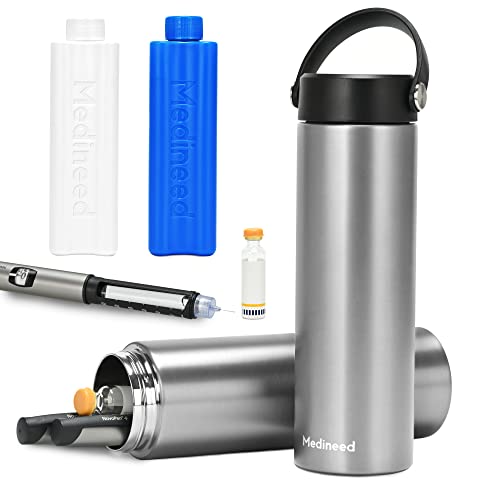 Image of Medineed Insulin Cooler Travel Case TSA Approved, Portable Medication Cooler with Ice Packs, Refrigerated Diabetes Travel Organizer for 1-4 Pens and Diabetic Supplies (Silver)