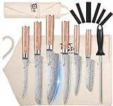 SYOKAMI Chef Knife Set with Roll Bag, Professional Japanese Kitchen Knives Sets, Damascus Pattern Pakkawood Wooden Handle, High Carbon Steel Knives with Case for Camp Outdoor Travel Gift 9 Piece
