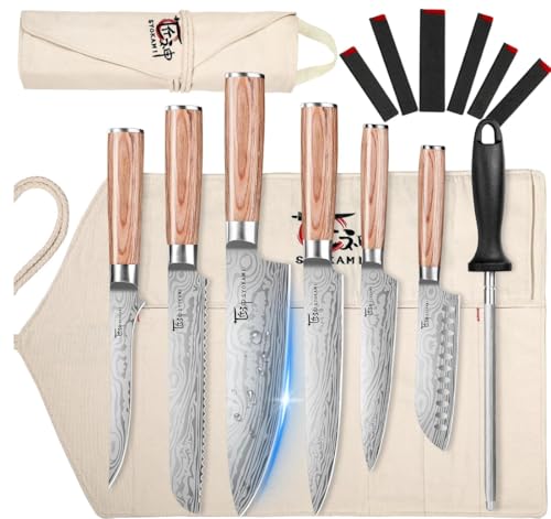 SYOKAMI Chef Knife Set with Roll Bag, Professional Japanese Kitchen Knives Sets, Damascus Pattern Pakkawood Wooden Handle, High Carbon Steel Knives with Case for Camp Outdoor Travel Gift 9 Piece
