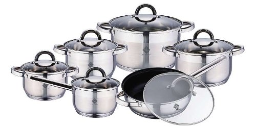 Induction Stainless Steel Saucepan Set, Suitable for Induction Cookers, 12 Pieces, 5 Pots with Glass Lid, Frying Pan with Lid, Serving Pan, Saucepan