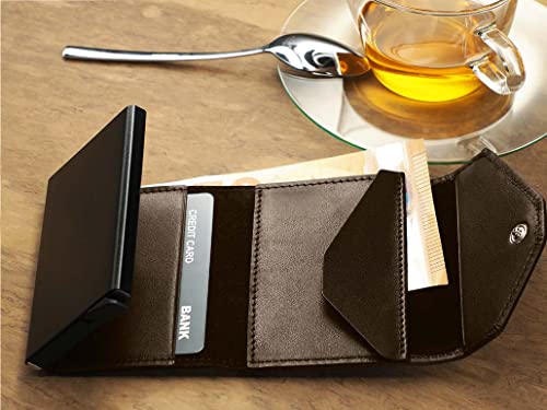 Pularys Mini Wallet Raven - Multifunckion Credit Card Case - Italian Leather - Rfid Blocking - Size: 6.5 X 10 X 2.5 Cm - Space For Up To 7 Cards - Classic Design #TOP3