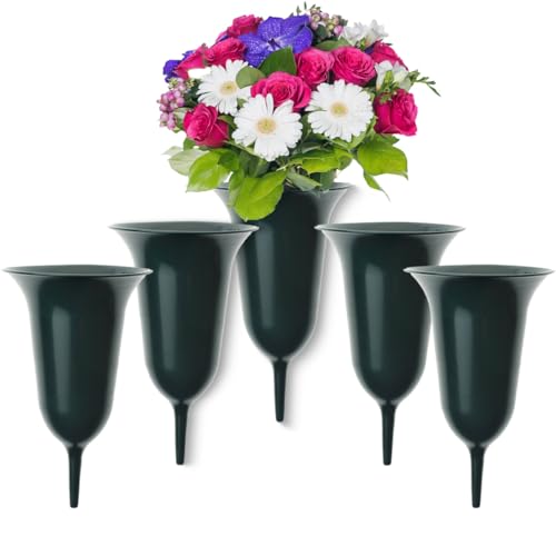 Lot de 5 vases funéraires à planter comme décoration funéraire résistant au gel - Vases de cimetière verts de 30 cm - En plastique résistant aux intempéries - Vase à fleurs à planter comme beaux vases