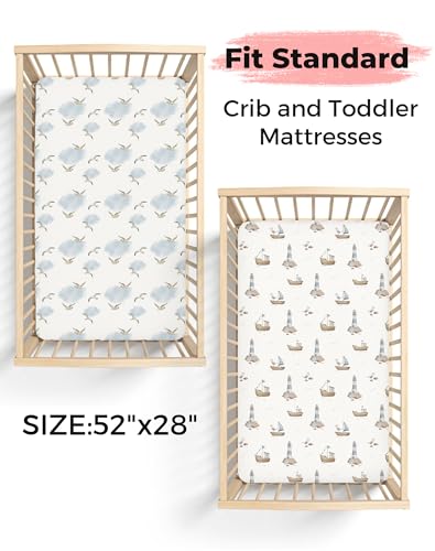 Image of Crib Sheets for Boys and Girls, 2 Pack Fitted Baby Sheets for Standard Toddler Mattress 28 inch x 52 inch, Soft Breathable Jersey Knit Baby Bedding (Sailing Waves)