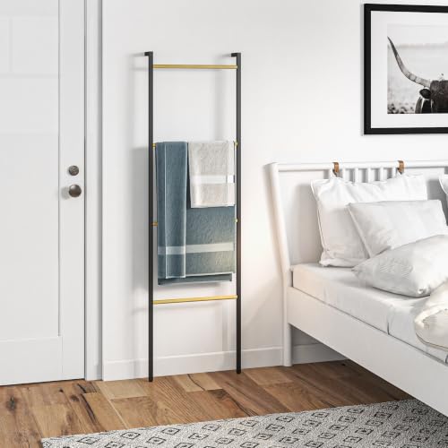 Miniatura 8 de Homcom Toallero De 4 Niveles Toallero Escalera Apoyado En La Pared Toallero De Baño Con 4 Barras De Bambú Y Marco De Acero 49x5,5x167,5 Cm Negro Y Natural