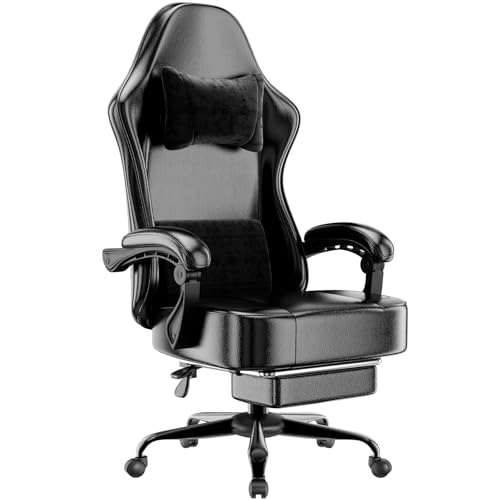 Fruyyzl Sillas Gaming con Reposapies, Silla Gamer Adulto con Respaldo Lumbar, Silla Escritorio Gaming Ajustable en Altura, Silla Ordenador en Piel Sintética (Gama Media, Negro)