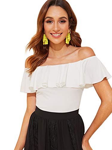 WDIRARA Women's Stretchy Off Shoulder Flounce Sleeve Sexy Slim Blouse Tops Shirt White Medium