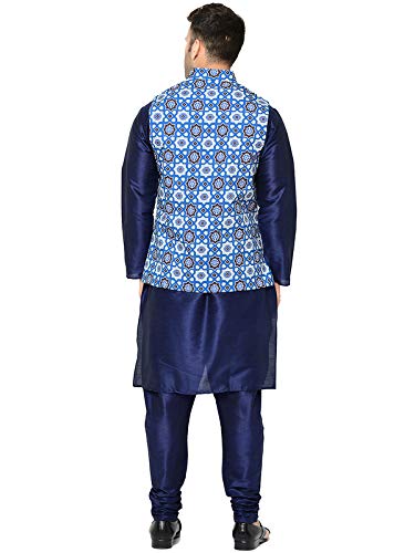 Image of SAIFOO Men's Silk Navy Blue Kurta Pyjama & Printed Nehru Jacket