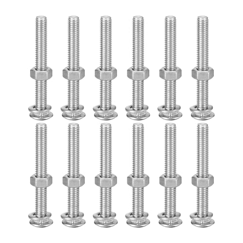 Image of uxcell M6x50mm Square Neck Carriage Bolts with Nuts & Washers, 12Set 304 Stainless Steel Round Head Square Neck Coach Bolt Screws, Silver Tone
