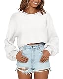 Imily Bela Womens Crewneck Cropped Sweaters 2023 Fall Slouchy Lantern Long Sleeve Trendy Loose Knit Y2K Pullover Sweater White