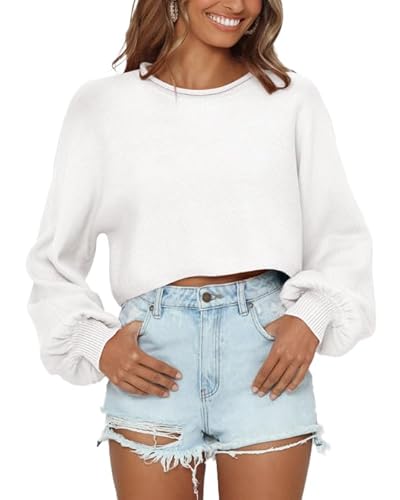 Imily Bela Cropped Sweaters for Women Lantern Long Sleeve Crop Top Slouchy Trendy Loose Crewneck Pullover Sweater