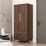 Homsee Wardrobe Armoire with 2 Doors, 2 Drawers, Hanging Rod & 2 Compartments, Wooden Closet Storage Cabinet with Gold Handles for Bedroom, Brown (31.5”L x 19.1”W x 71.1”H)