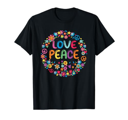 Love Peace Flower Power Paz amor flores anos 60 70 t-shirt, Preto