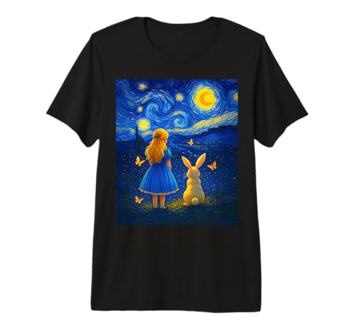 Image of Alice in Wonderland Starry Night Van Gogh Mashup Art Print Premium T-Shirt