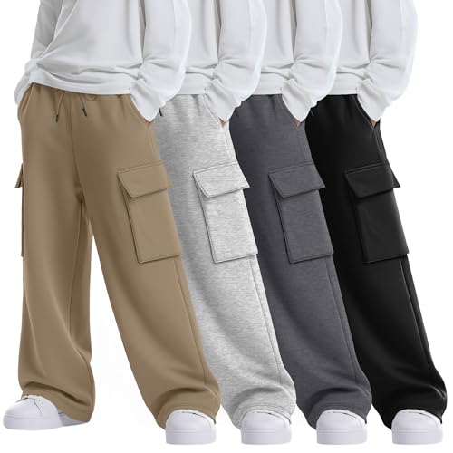 LessonZoo 4 Pack Boys' Cargo Sweatpants Elastic Drawstring Open Bottom Active Pants Casual Workout Joggers with 4 Pockets(Khaki, Light Gray, Dark Gray, Black,X-Large)