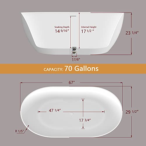 Zuagco Free Standing Tub 67" Curve Shape Acrylic Freestanding Bathtub, Adjustable Soaking Tub With Integrated Slotted Overflow And Removable Drain Anti-Clogging Glossy White 67"X29.5" #TOP7