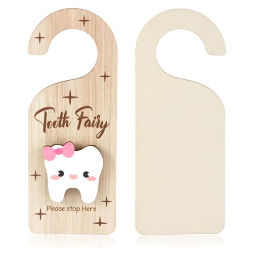 Image of Tooth Door Hanger, Wooden 3D Lost Tooth Keepsake Box with Money Holder Tooth Holder Hanging for Kids Tooth Fairy Accessories Encourage Gift for Room Decor (Girls Style)