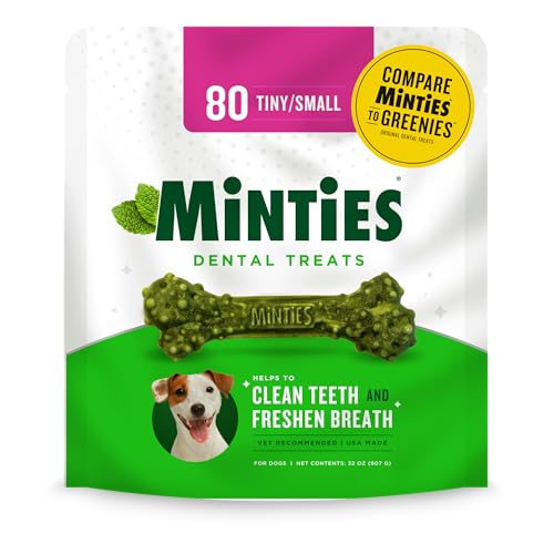 Minties Dental Chews for Dogs, 80 Count, Vet-Recommended Mint-Flavored Dental Treats for Tiny/Small Dogs 5-24 lbs, Dental Bones Clean Teeth, Fight Bad Breath, and Removes Plaque and Tartar