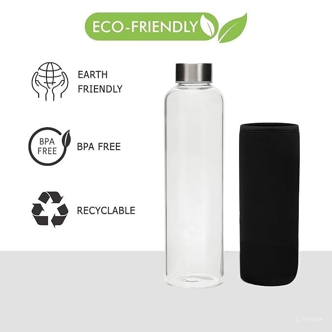 Image of SIMPARTE Borosilicate GlassWater Bottles 500ml with Sleeve - Set of 2 | Leak-Proof, Easy to Clean, Freezer Safe | Stainless Cap | Ideal for Office, Travel, School Use