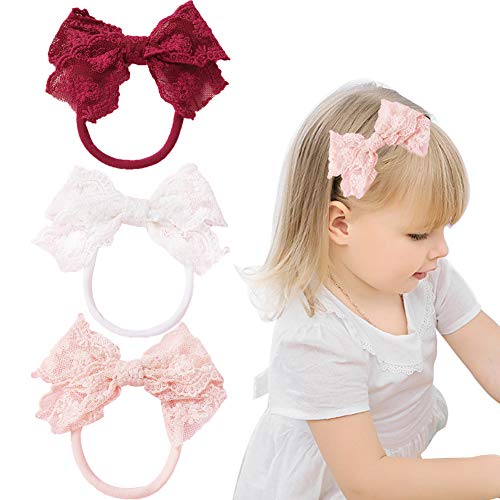 Lace Bow Headbands For Baby Girls Toddlers Bow Knot Elastic Nylon Headband Cotton Lace Hair Bows Bands Newborn Infant Soft Headwrap Christmas Hair Accessories,3 Pcs #TOP3