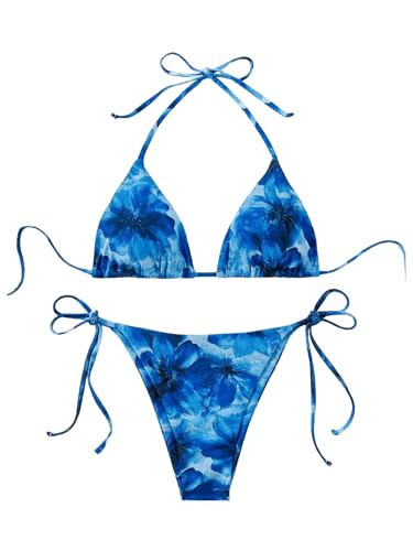 Women's 2 Piece Bikini Set Bathing Suit Floral Tie Halter Triangle High Cut Thong Ring Swimsuit