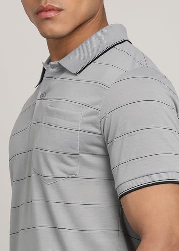 Image of INKKR Men Striped Polo Neck Cotton Blend T-Shirt