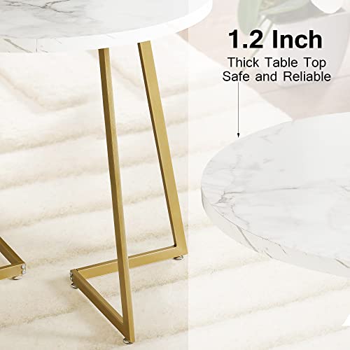 Vecelo Small Round Dining Table Set For 2, Wood Marbled Tabletop With Steel Frame, Modern Dinette With Chairs For Kitchen Breakfast Nook Living Room, White And Gold #TOP2