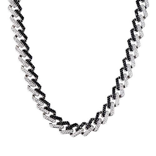 Iced Out Zircon 15mm Full Pave Rhinestone Men Necklace Silver Color Chains for Men Jewelry 41cm Silver and Black