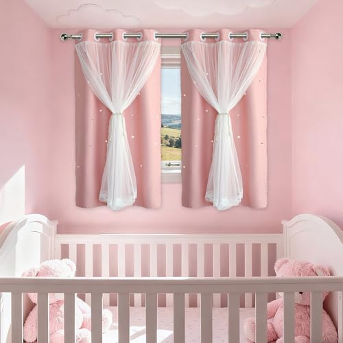 Image of Light Pink Curtains Drapes Blackout Nursery 45 Inch Length Cute Star Cutout | Girls Room Darkening Double Layer Curtain Tulle Lace 2 Panels Thermal Insulate Bedroom Short Window Treatments Cortinas Blush