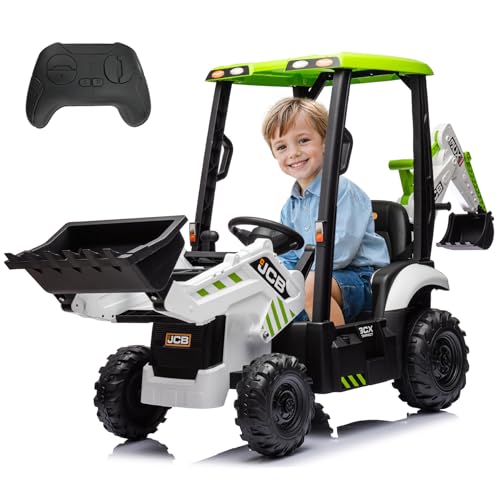 4 in 1 Ride on Tractor Truck, 12V Electric Vehicle Excavator & Bulldozer & Removable Tent, Licensed JCB Battery Powered Electric Construction Car w/Front Loader Bucket, Digger, Remote Control, White