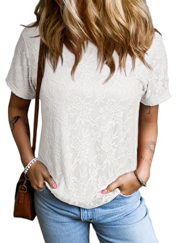 Sidefeel Womens Summer Lace Tops Round Neck Short Sleeve Casual Blouses Tshirts Fashion Clothing White Large