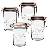 Le Parfait Super Terrine 1L (32oz) French Glass Canning Jar with Airtight Rubber Seal & Wire Bail Closure - BPA-Free Preserving Jar for Water Bath Canning, Food Storage & Gifting - Made in France 4PK