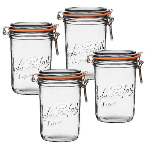 Le Parfait Super Terrine 1L (32oz) French Glass Canning Jar with Airtight Rubber Seal & Wire Bail Closure - BPA-Free Preserving Jar for Water Bath Canning, Food Storage & Gifting - Made in France 4PK