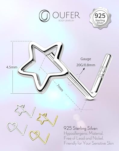 OUFER 925 Sterling Silver Nose Rings, Nose Studs For Women, Cute Nose Nostril Piercing Jewelry, L-Shaped 20G Silver Nose Rings Studs4