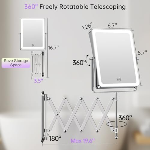 Famihomii 5000mAh Espejo Maquillaje con Luz Recargable, 8,7 Pulgadas de Doble Uso con 1X/30X Aumento, Espejo Aumento Pared, 3 Temperaturas de Luz, Regulable de Brillo, Giratorio 360° (Cromo) - imagen 7